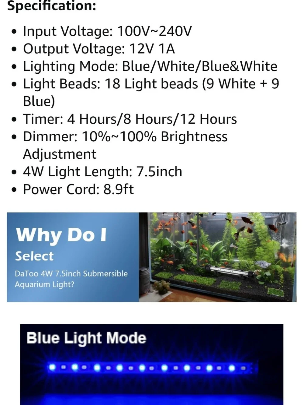 Submersible LED Aquarium Light - 4W 7.5 Inches